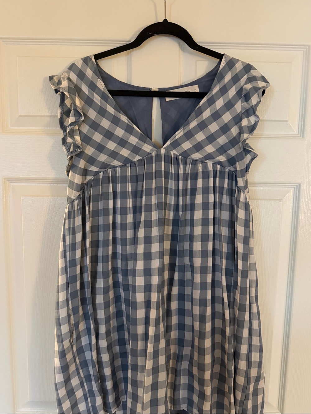Blue and White Gingham Ruffle-Shoulder Dress